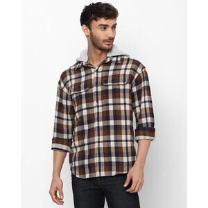 Mens American Eagle Plaid Flannel Jacket Size Medium Brown Gray Hood Shacket